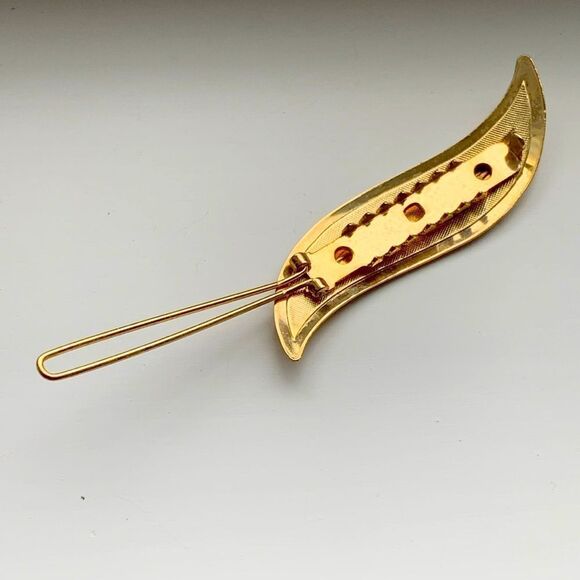 Vintage Gold Leaf Barrettes – Pair of Swoosh Metal Hair Clips - Picture 4 of 7